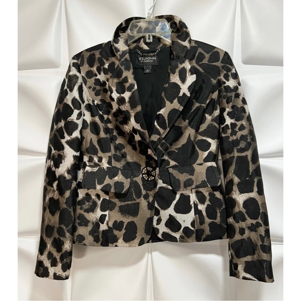 St John Couture Womens Sz 4 Leopard Print Jacquard Blazer Jacket Black Brown